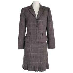 Tahari ASL Blazer / Skirt Suit 2 Pc Set Soft Brown Plaid Pleated Skirt Business